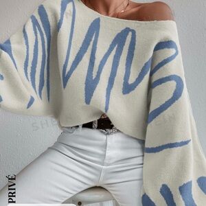 Blue and white cute sweater (can be worn off the shoulder)